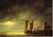 Aelbert Cuyp Fishing boats by moonlight. oil on canvas